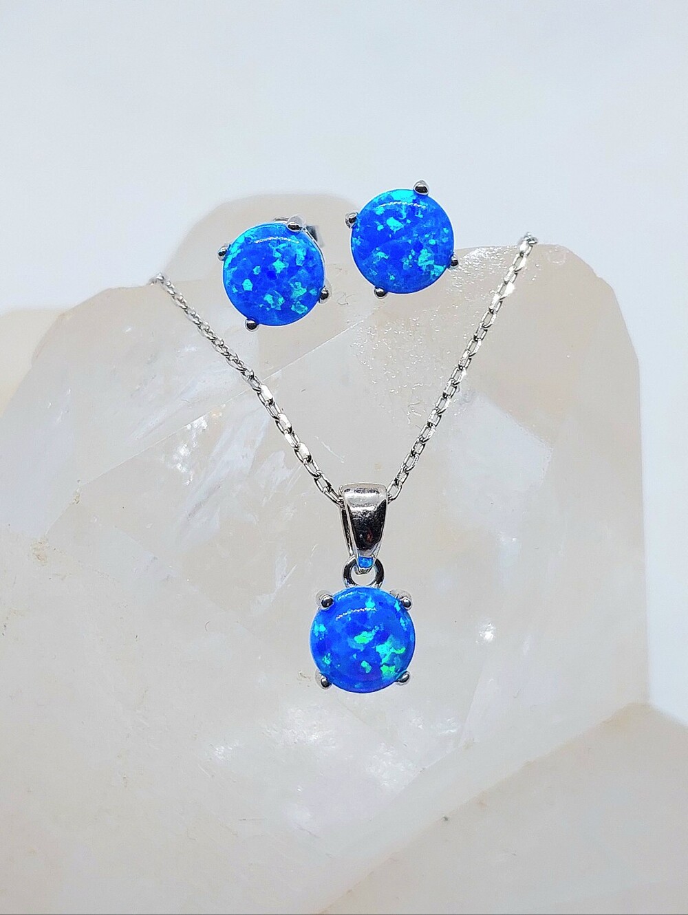 💙 3cttw. Blue Fire Opal S925 Sterling Silver Set Necklace/Earrings